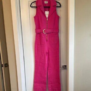 Show Me Your MuMu Size Medium Barbie Pink Denim Jumpsuit Cropped Hot Pink NEW